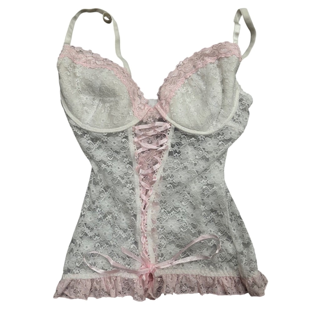 White Lace Corset Camisole Pink Ribbon Lacing Underwire Ruffle Lingerie Top